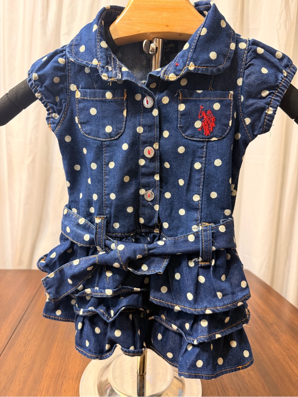 U.S. Polo Assn Baby Girl Denim Polka Dot Ruffle Dress Romper 6/9M Belted